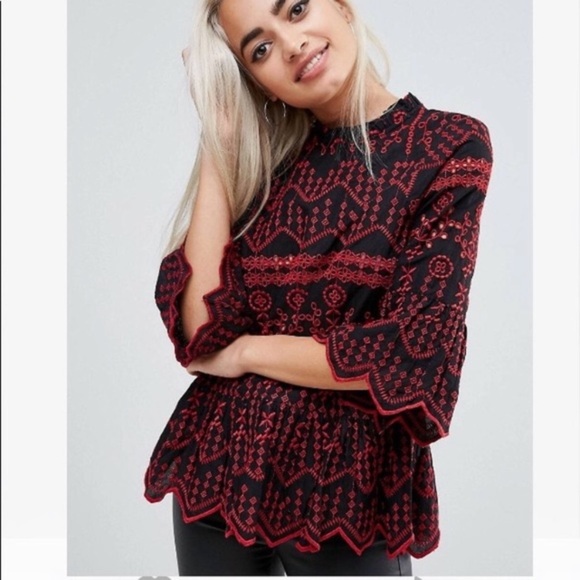 River Island Tops - River Island Embroidered Eyelet Peplum Top With3/4 Bell Sleeves & Mock Neck
